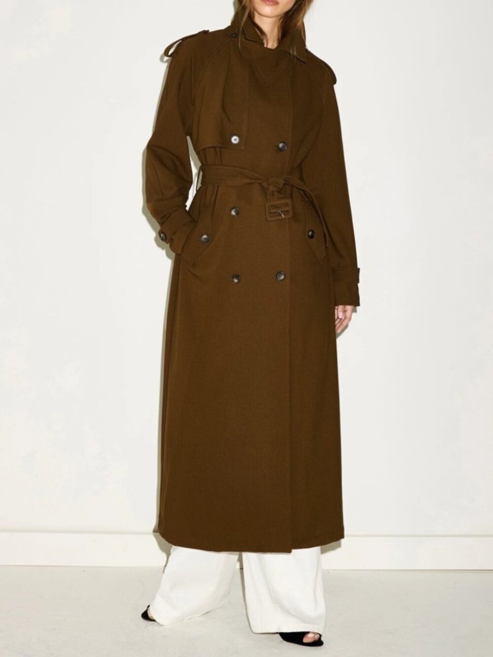 Olive Warm Brown Belted Double-Breasted Trench Coat with Storm Flap